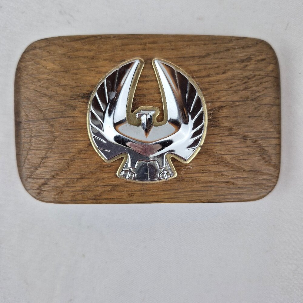 Handmade Wooden Belt Buckle with Vintage Era Chrysler Imperial Emblem Ornament